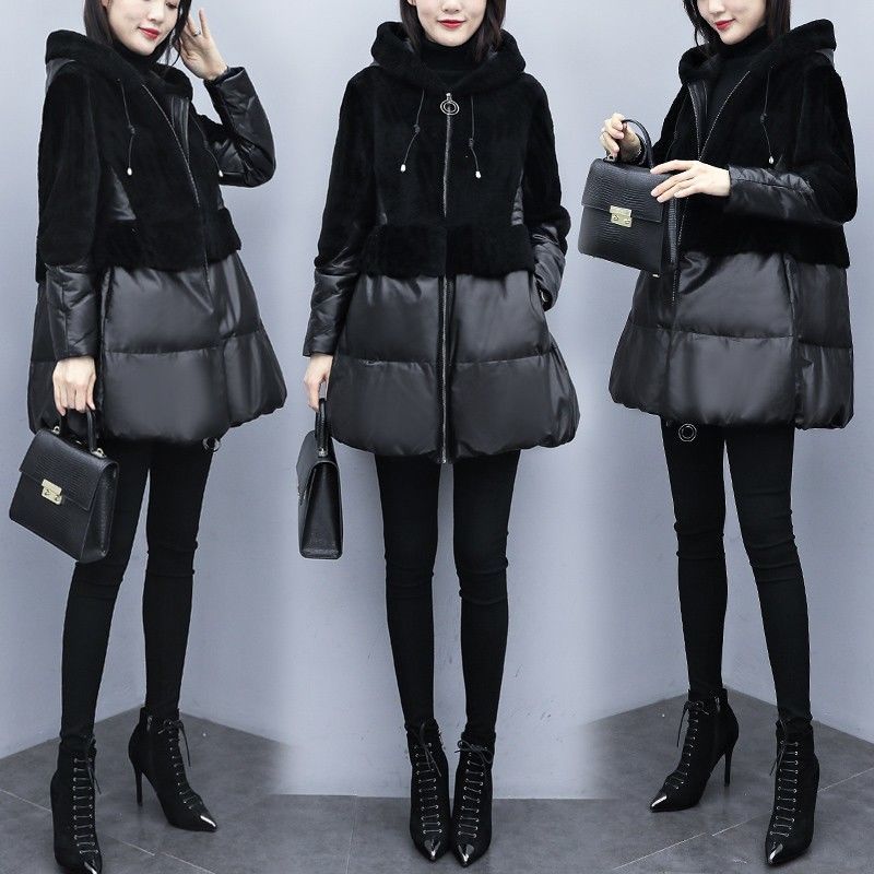 PU Leather Fur Faux Sheep Shearing Stitching Cotton Leather Coat