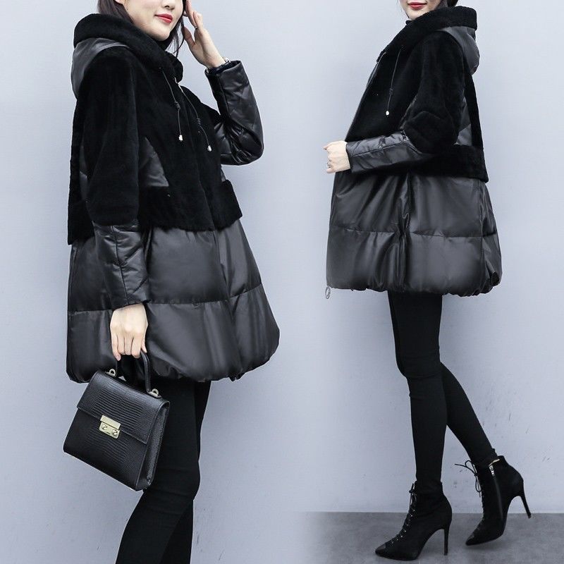 PU Leather Fur Faux Sheep Shearing Stitching Cotton Leather Coat