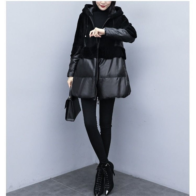 PU Leather Fur Faux Sheep Shearing Stitching Cotton Leather Coat