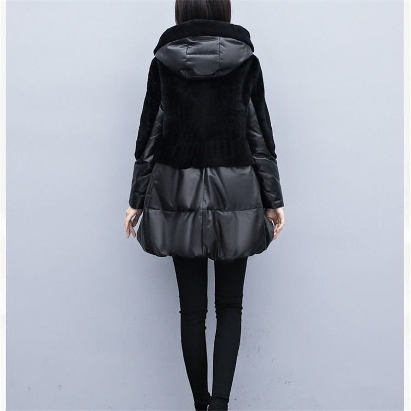 PU Leather Fur Faux Sheep Shearing Stitching Cotton Leather Coat