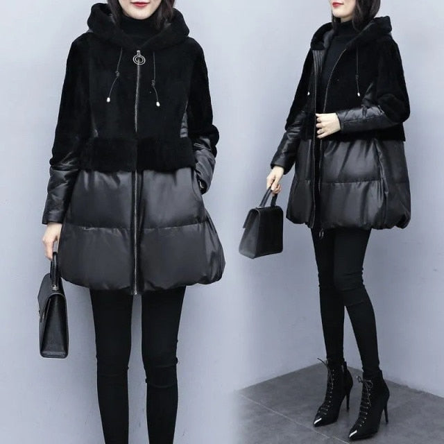 PU Leather Fur Faux Sheep Shearing Stitching Cotton Leather Coat