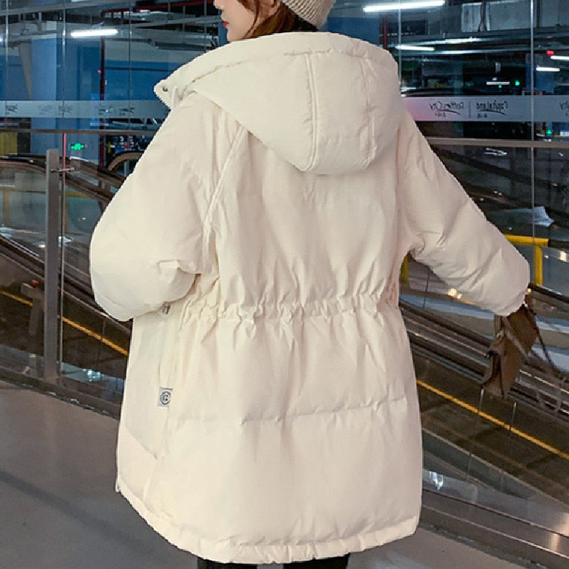 Solid Midi Thick Pocket Drawstring Waist Cotton Coat