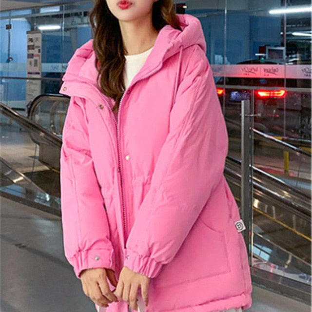 Solid Midi Thick Pocket Drawstring Waist Cotton Coat