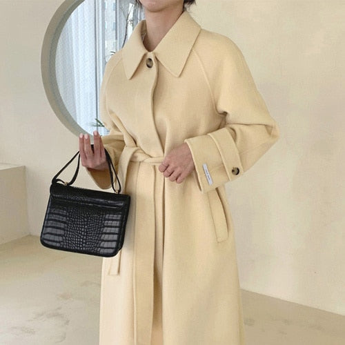 Retro Lapel Single Breasted Lace Up Waist Woolen Coat