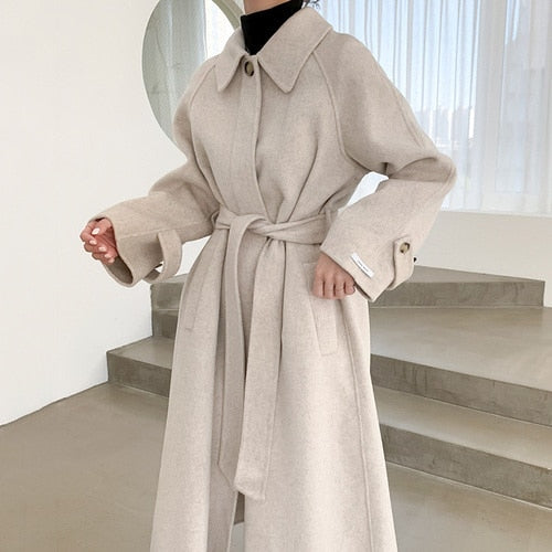 Retro Lapel Single Breasted Lace Up Waist Woolen Coat