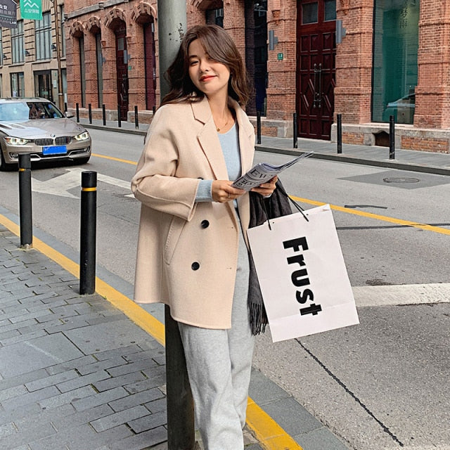 Wool Lapel Collar Short Sewing Woolen Pocket Coats