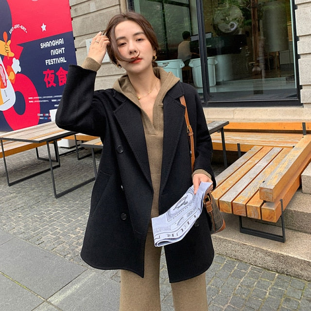 Wool Lapel Collar Short Sewing Woolen Pocket Coats