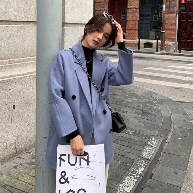 Wool Lapel Collar Short Sewing Woolen Pocket Coats