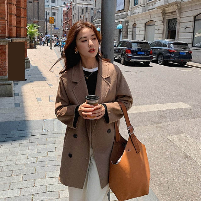 Wool Lapel Collar Short Sewing Woolen Pocket Coats