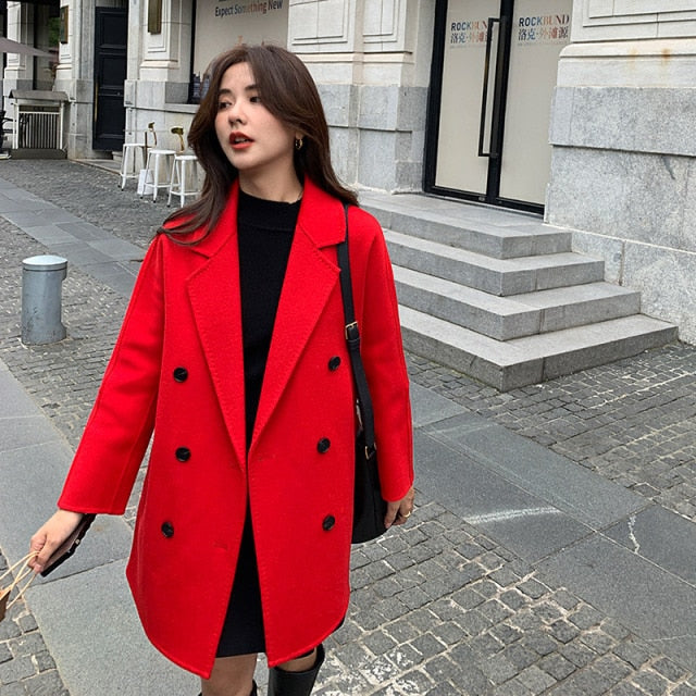 Wool Lapel Collar Short Sewing Woolen Pocket Coats