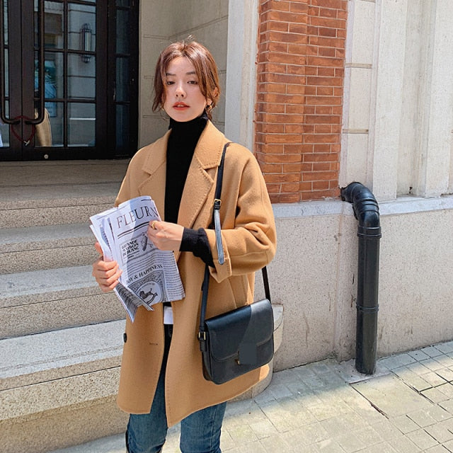 Wool Lapel Collar Short Sewing Woolen Pocket Coats