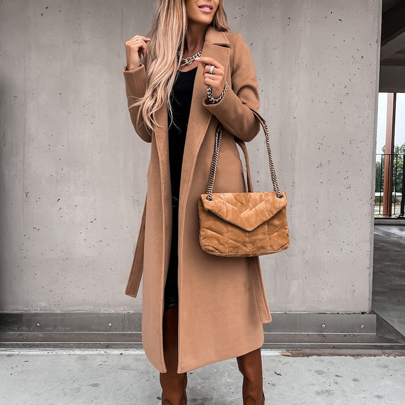 Wool Blends Solid Adjustable Turn Down Collar Coats