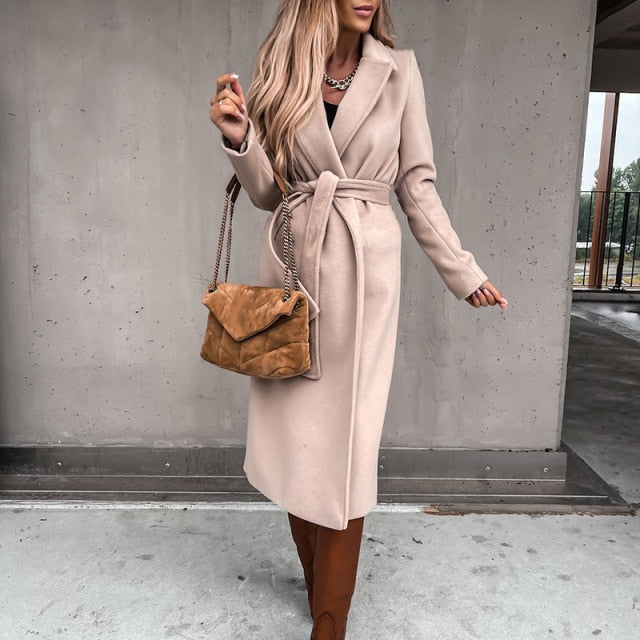 Wool Blends Solid Adjustable Turn Down Collar Coats