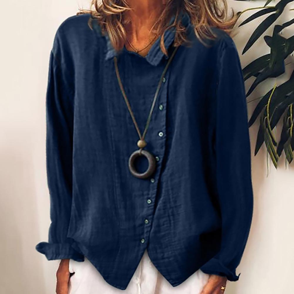 Solid Color Long Sleeve Cotton Linen Blouse