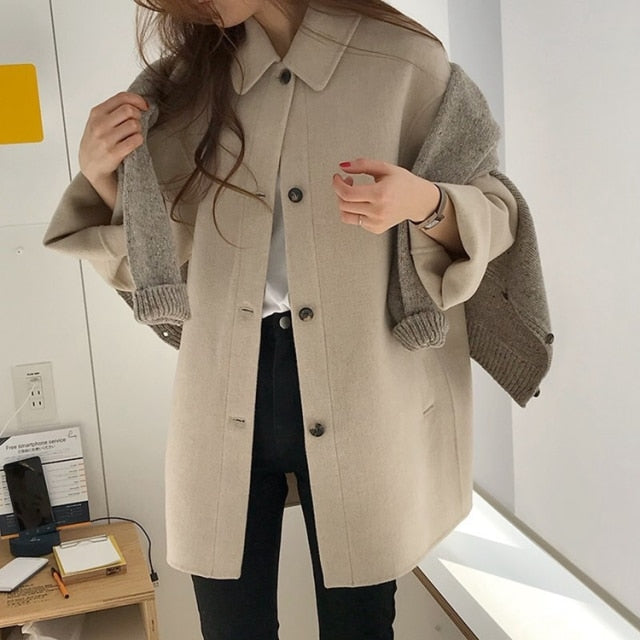 Wool Single Breasted Turn Down Causal Loose Coat