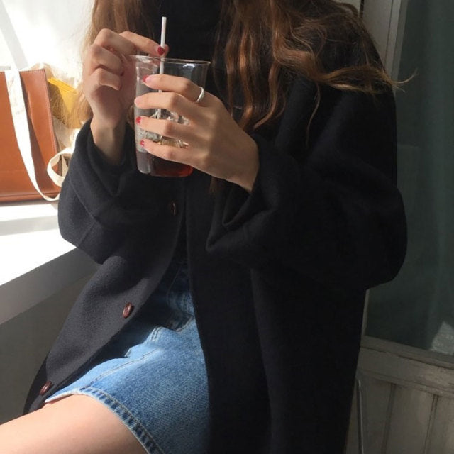 Wool Single Breasted Turn Down Causal Loose Coat