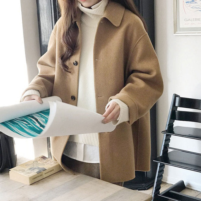Wool Single Breasted Turn Down Causal Loose Coat