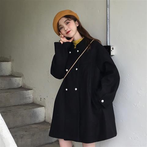 Wool Solid Double Breasted Loose Long Sleeve Coats