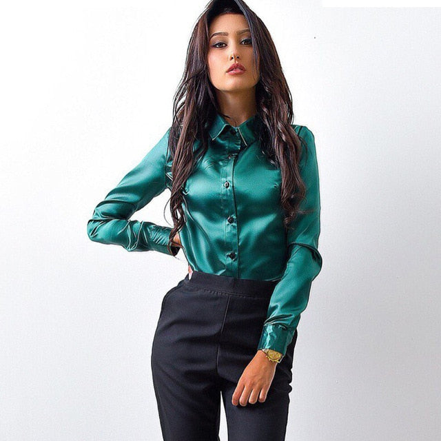 Elegant Satin Turn Down Collar Office Blouse