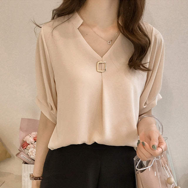 Solid Color V neck Elegant Chiffon Slim Blouse
