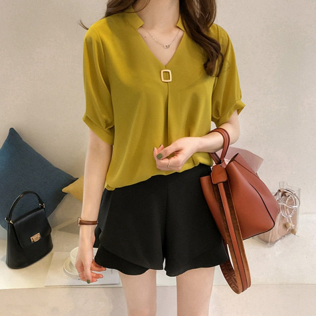 Solid Color V neck Elegant Chiffon Slim Blouse