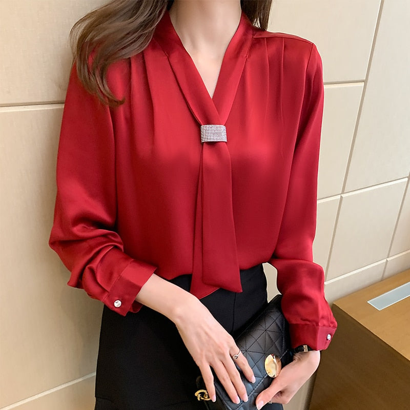 Ribbon Silk Satin V neck Blouses