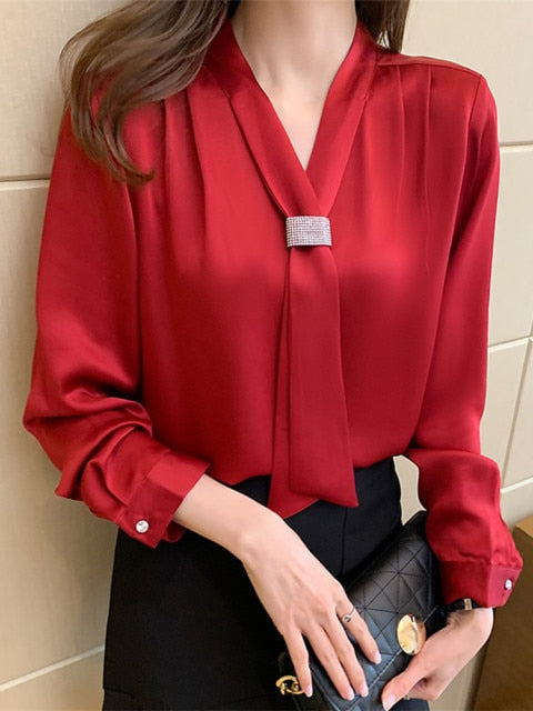 Ribbon Silk Satin V neck Blouses