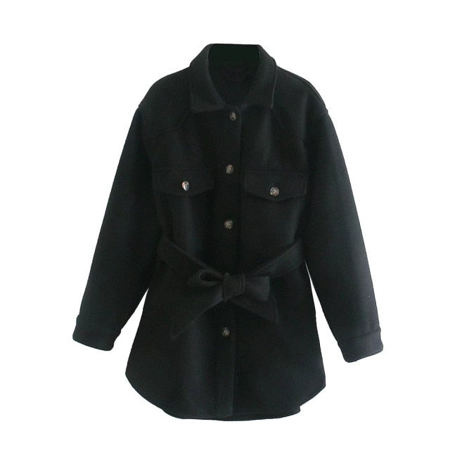 Soft Oversized Belt Vintage Long Sleeve Pockets Coat