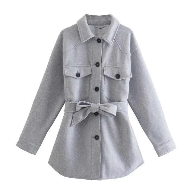 Soft Oversized Belt Vintage Long Sleeve Pockets Coat
