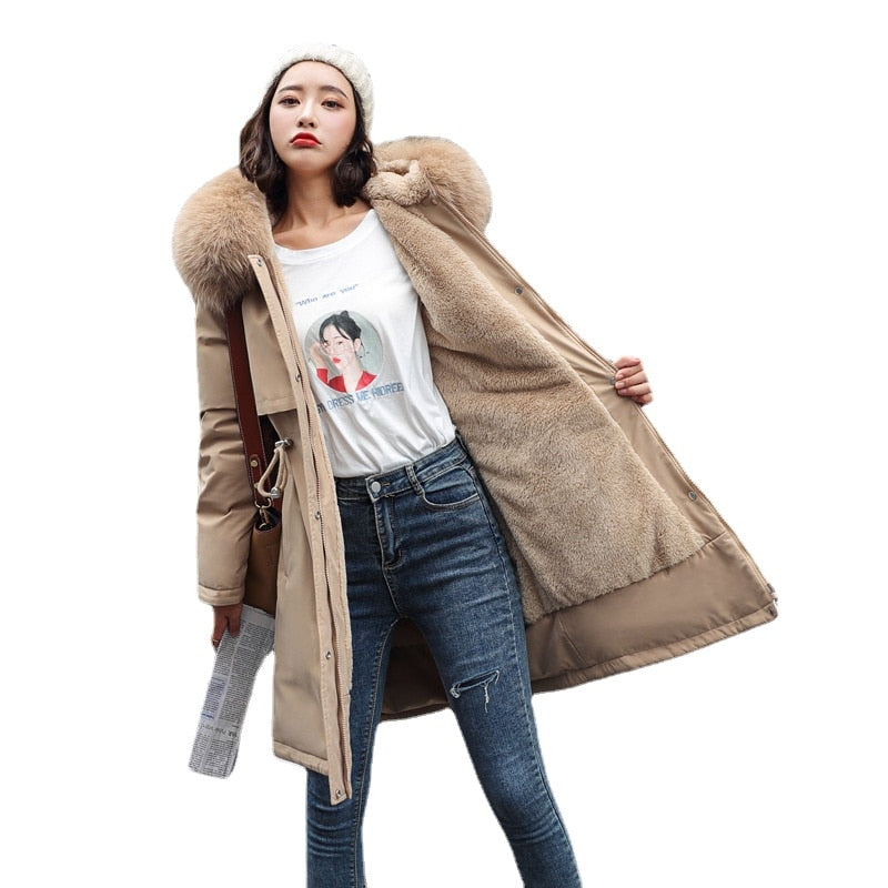 Waist Cotton Casual Loose Fur Collar Coat