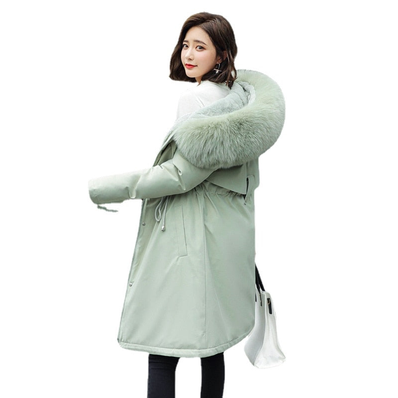 Waist Cotton Casual Loose Fur Collar Coat