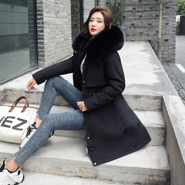 Waist Cotton Casual Loose Fur Collar Coat