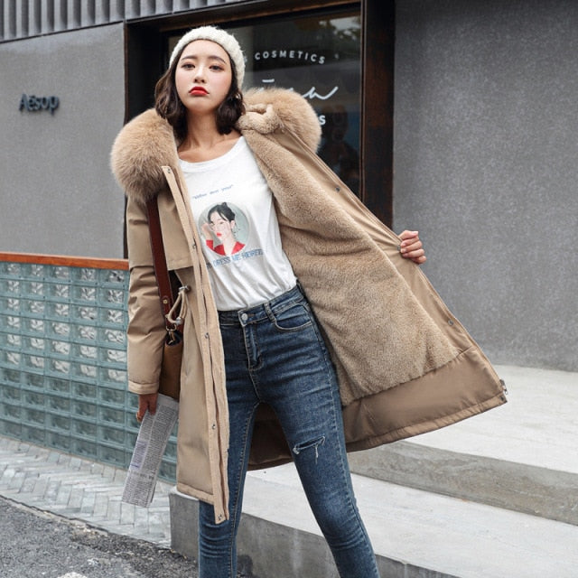 Waist Cotton Casual Loose Fur Collar Coat