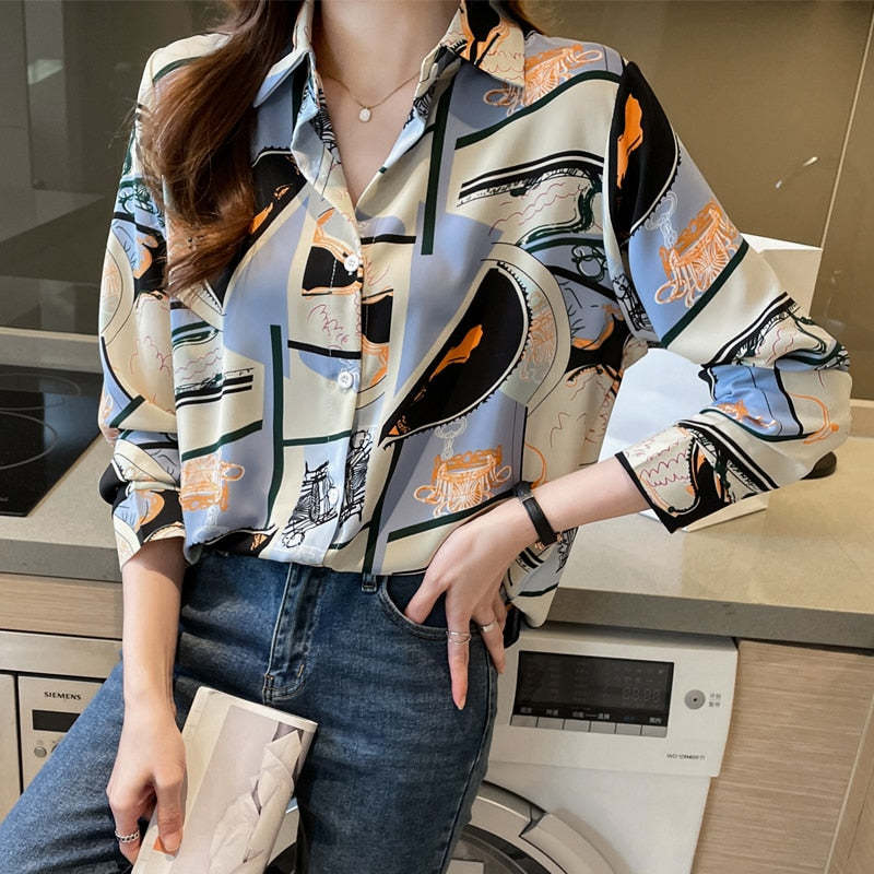 Vintage printed chiffon flower button Blouses