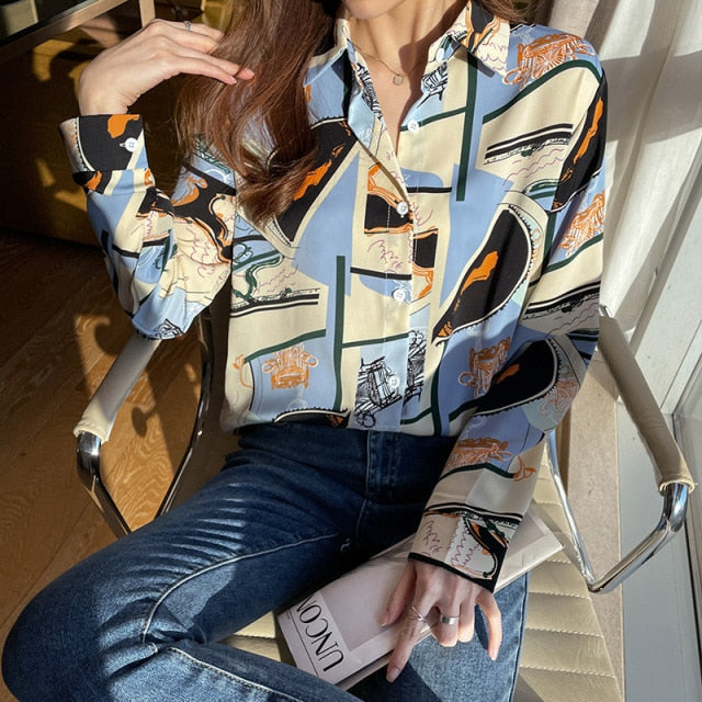 Vintage printed chiffon flower button Blouses