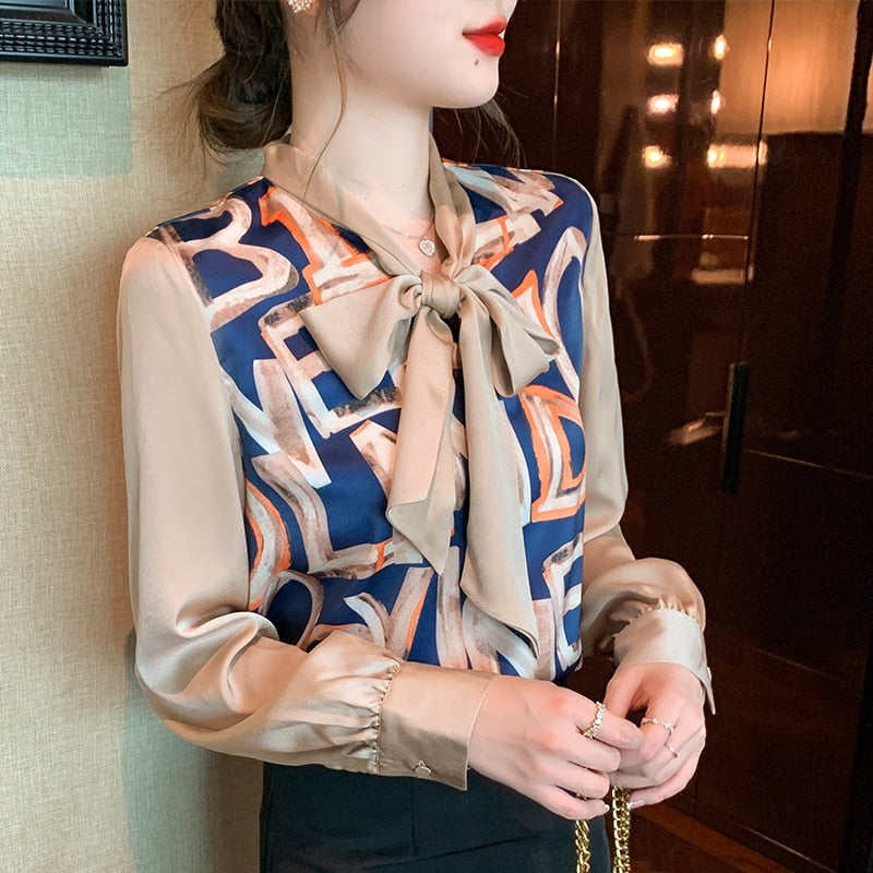Pattern printed elegant ribbon chiffon blouse