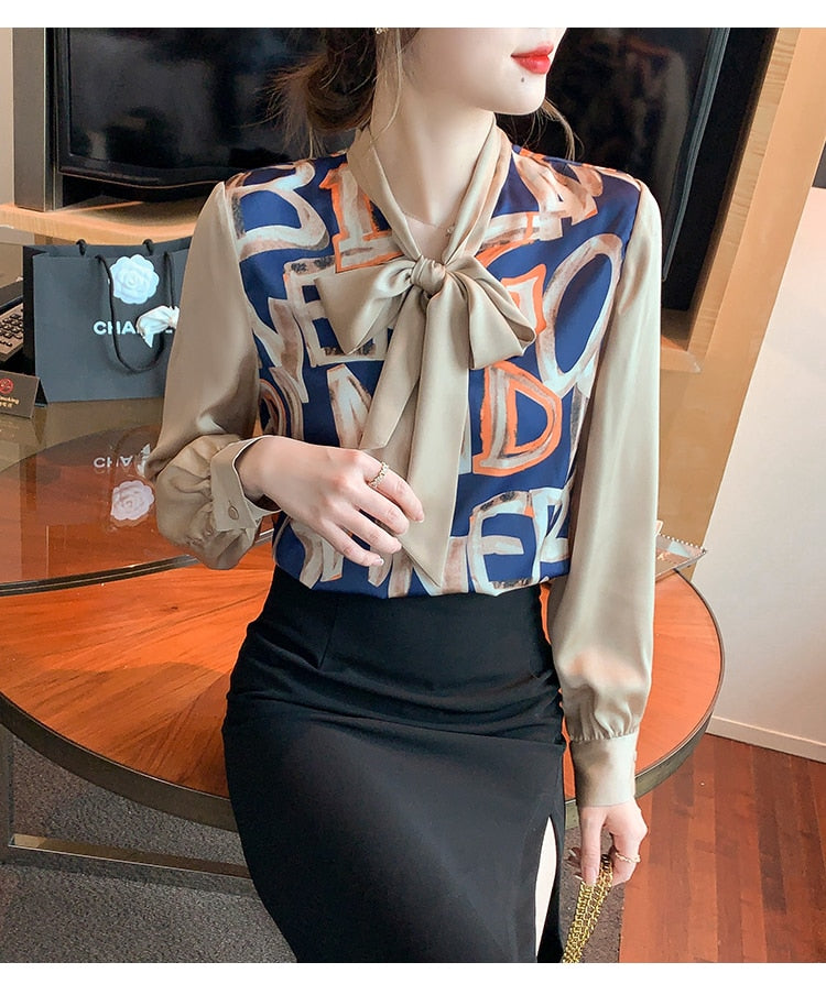 Pattern printed elegant ribbon chiffon blouse