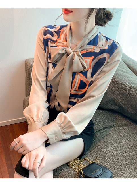 Pattern printed elegant ribbon chiffon blouse