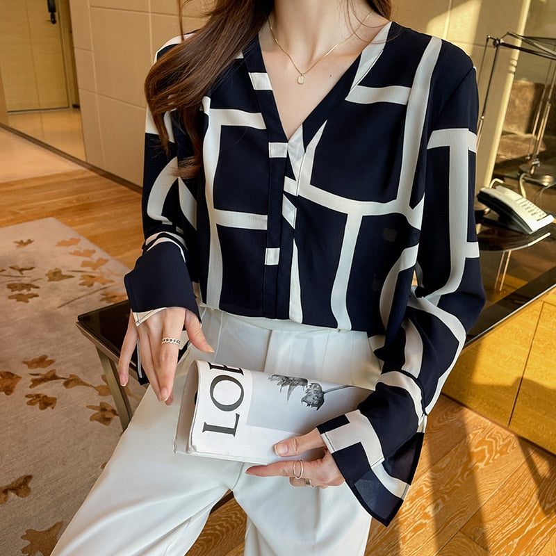 V Neck Silk Elegant Plaid Shirt Blouses