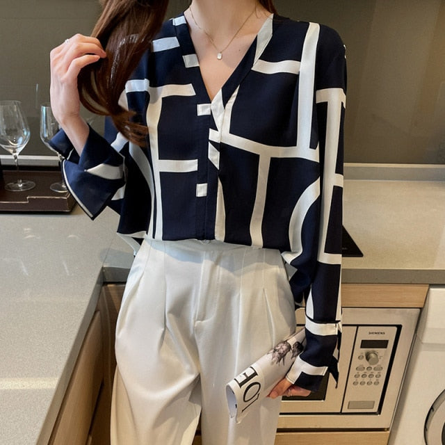 V Neck Silk Elegant Plaid Shirt Blouses