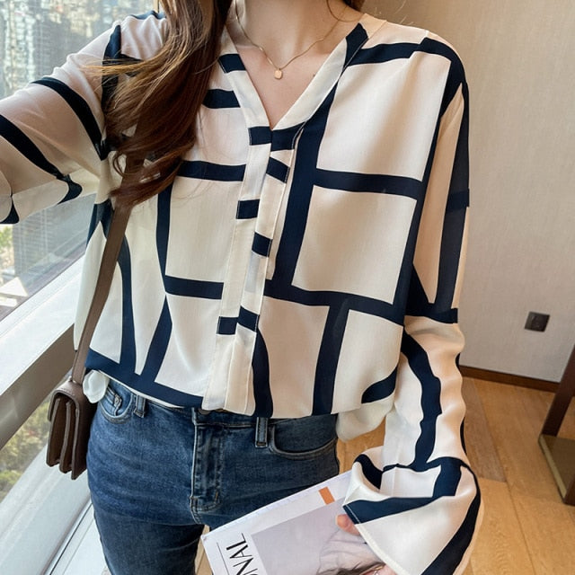V Neck Silk Elegant Plaid Shirt Blouses