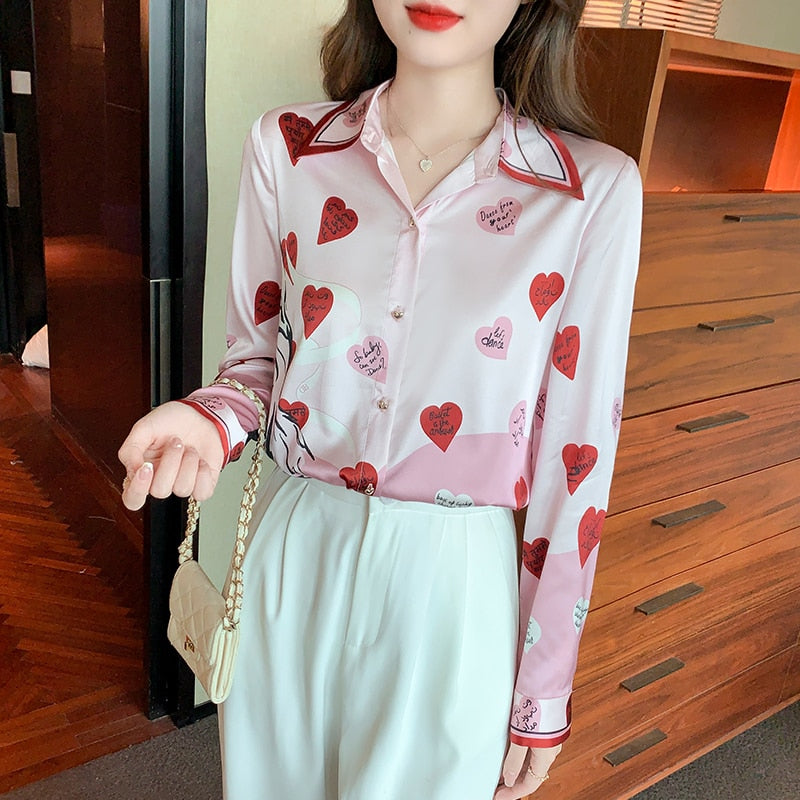 Heart Printed Collar Loose Chiffon Elegant Blouse