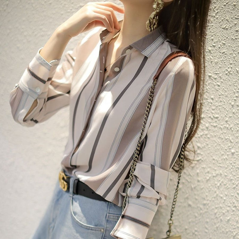 Chiffon Striped Printed Stand Collar Blouses