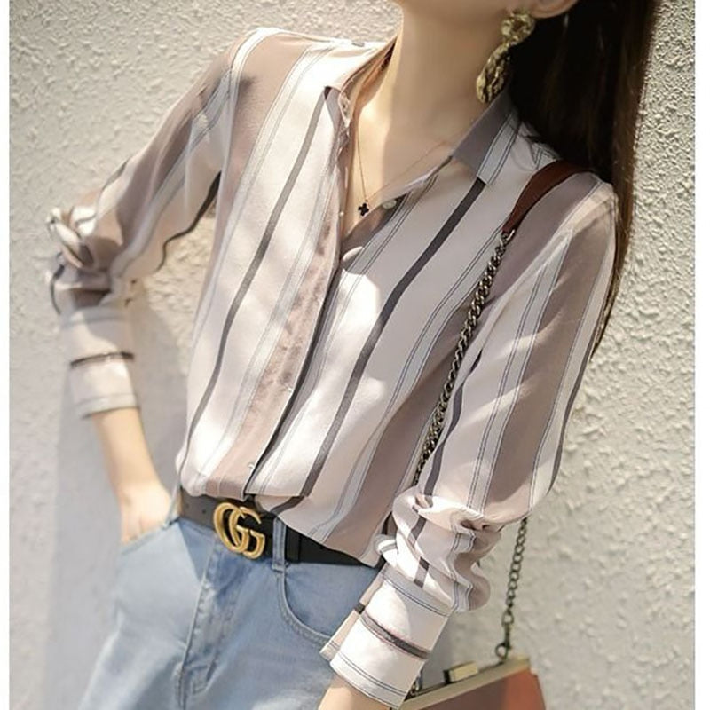 Chiffon Striped Printed Stand Collar Blouses
