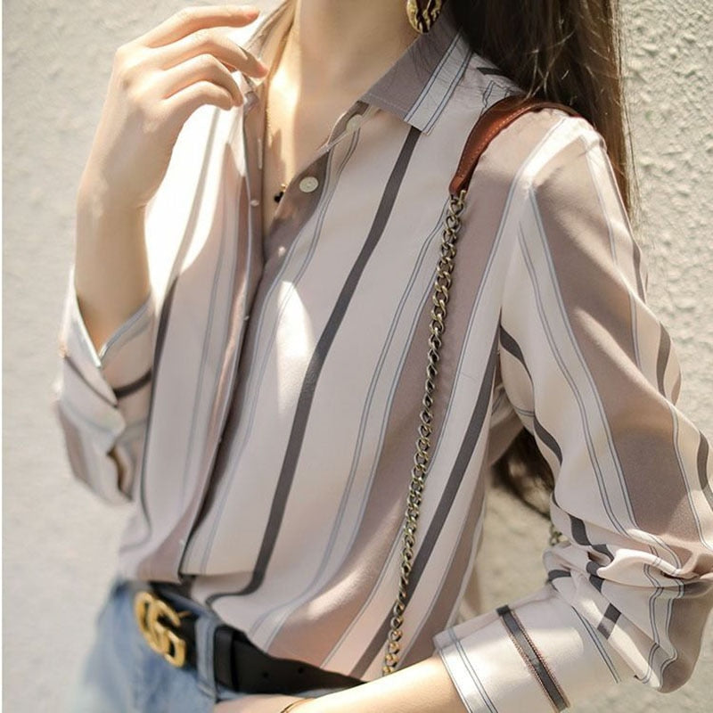 Chiffon Striped Printed Stand Collar Blouses