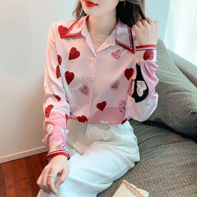 Heart Printed Collar Loose Chiffon Elegant Blouse