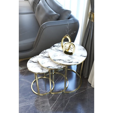 Silver White Marble Glass Coffee Tables (3pcs)