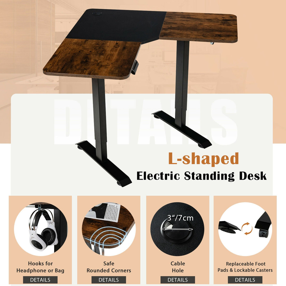 Costway L Shaped Electric Adjustable Standing Desk w/ Controller 2 Hooks JV10203US