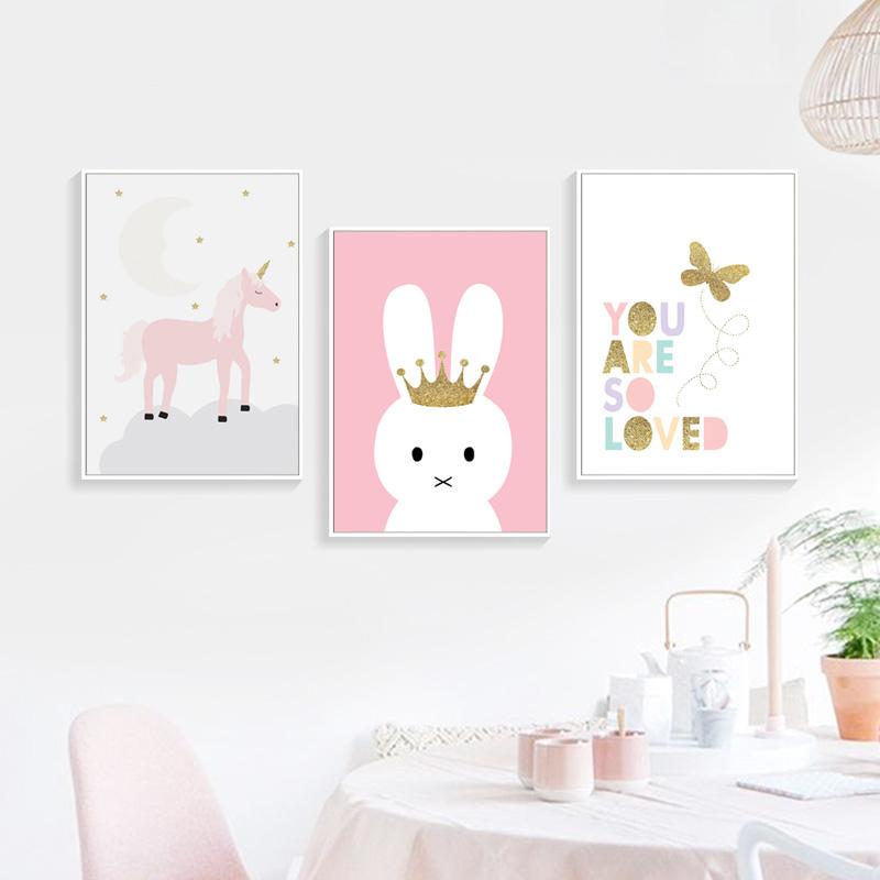 Kids Unicorn Bunny Rabbit Lovely Quote Gifts Girl Wall Art Canvas Decorative Pictures Poster Print Wall Art Room Kids Decor