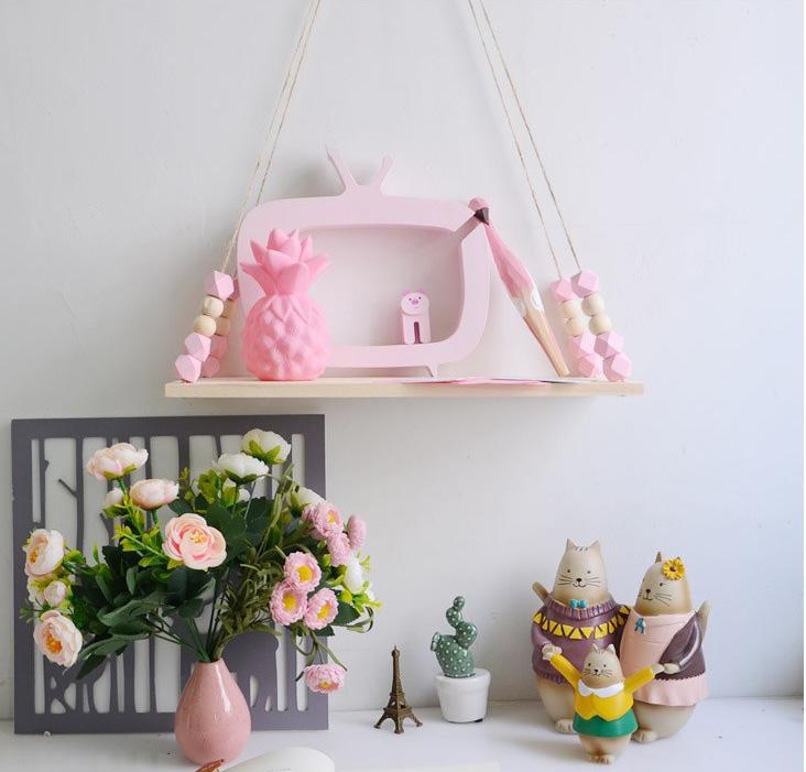 Wooden Decorative Hanging Shelf with Beads for Kids Rooms